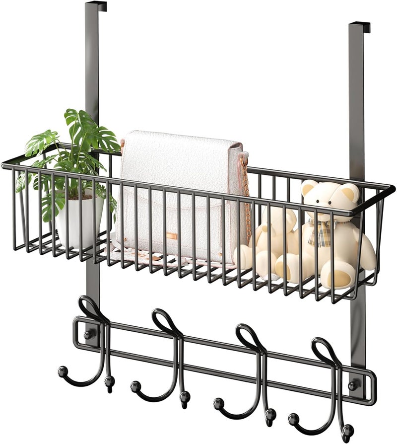 Kaiferty Over The Door Hooks Organizer,Door Hanger Door Storage with Basket,Over The Door Towel Rack Coat Hooks with 12 Hooks,for Bathroom,Bedroom,Kitchen,Office,Apartment(Black) - Image 1